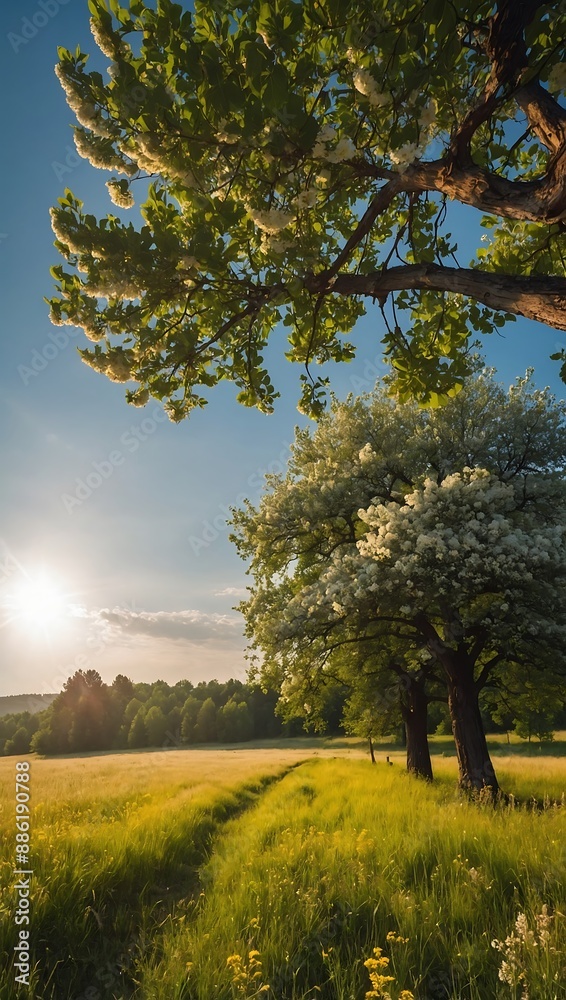 Sunny summer scenery with trees and meadows in full bloom Sunny summer scenery with trees and meadows in full bloom