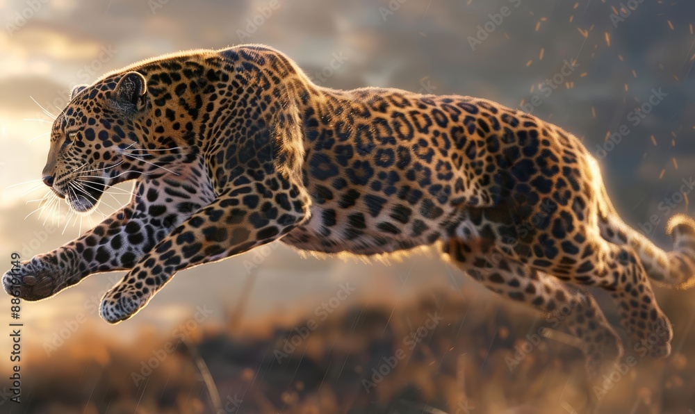 Naklejka premium Leaping Leopard in Sunset Light with Golden and Brown Tones