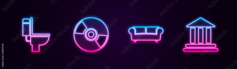 Set line Toilet bowl, CD or DVD disk, Sofa and Bank building. Glowing neon icon. Vector Set line Toilet bowl, CD or DVD disk, Sofa and Bank building. Glowing neon icon. Vector