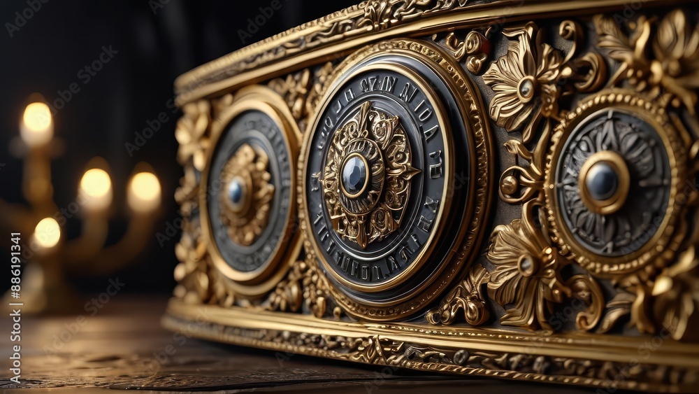 Obraz premium Golden Clock Close-up with Intricate Detail.