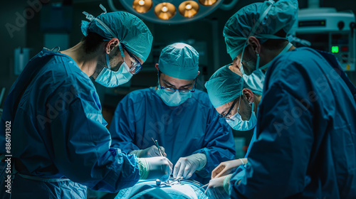 groupe de chirurgiens, dans une salle d'opération, en train d'opérer un patient