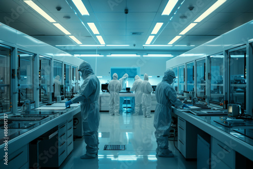 clean room in a semiconductor lab with engineers in protective suits using laserguided machinery to create microchips photo