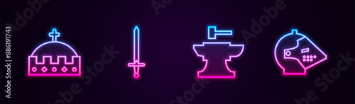 Set line King crown, Medieval sword, Anvil for blacksmithing hammer and iron helmet. Glowing neon icon. Vector