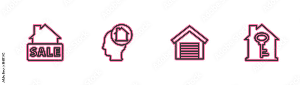 Set line Hanging sign with Sale, Garage, Man dreaming about buying house and House key icon. Vector Set line Hanging sign with Sale, Garage, Man dreaming about buying house and House key icon. Vector