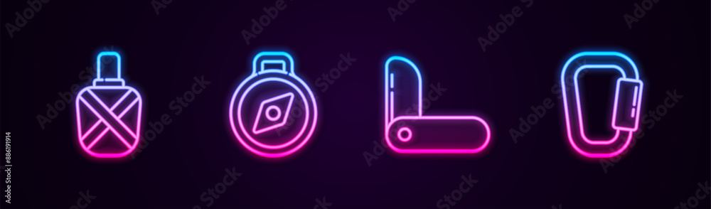 Φωτογραφία Set line Canteen water bottle, Compass, Swiss army knife and Carabiner