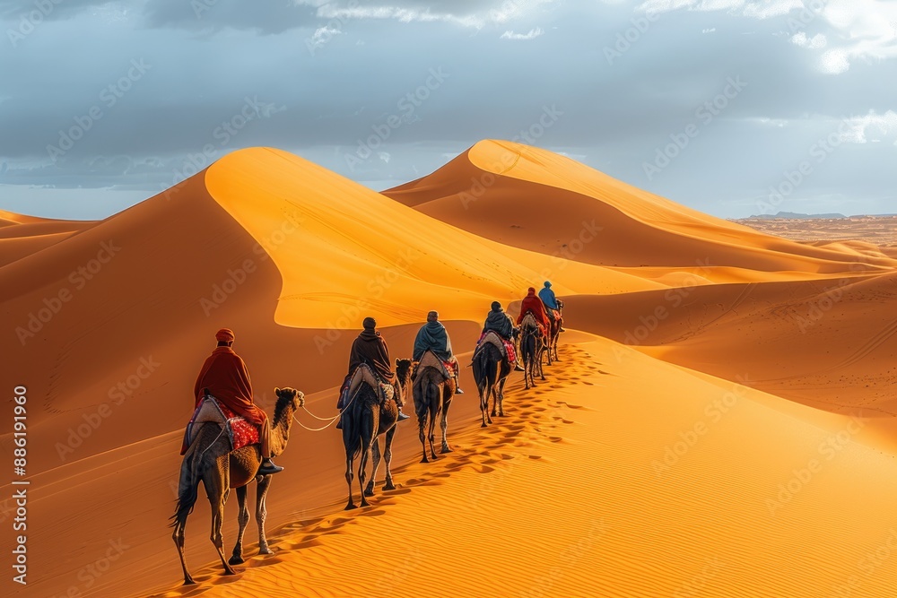 People riding camels in the Sahara desert Morocco People riding camels in the Sahara desert Morocco