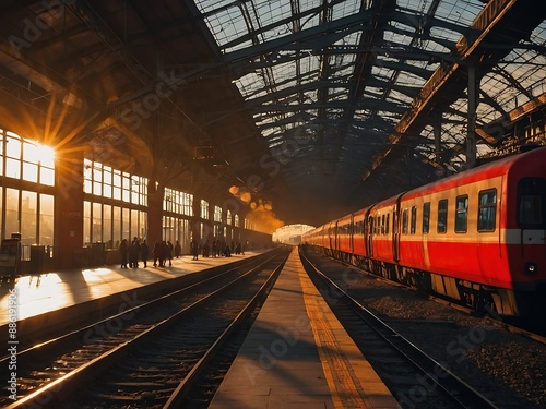 Sunrise illuminating a stunning railway station with a red commuter trail