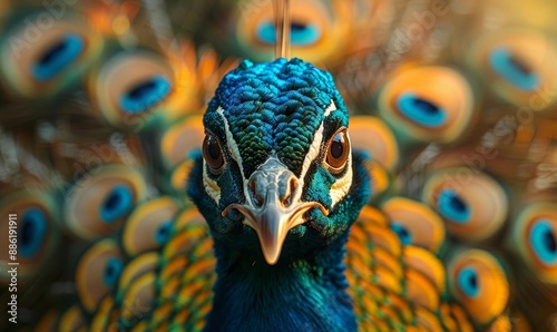 Vibrant Peacock Close-Up with Brilliant Blue and Green Feathers photo