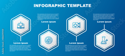 Set line Laptop and marijuana or cannabis, Stop leaf, Marijuana store and Glass bong for smoking. Business infographic template. Vector