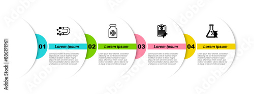 Set line Magnet with money, Medicine bottle, Clipboard DNA analysis and research, search. Business infographic template. Vector