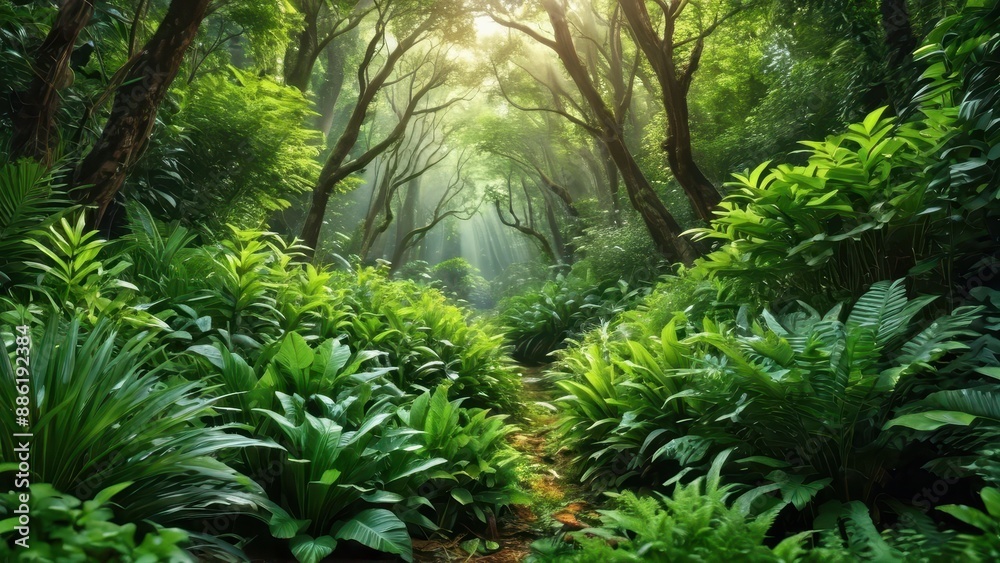Fototapeta premium Sunbeams Through Lush Rainforest.