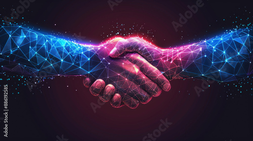 Handshake in digital futuristic style. The concept of partnership