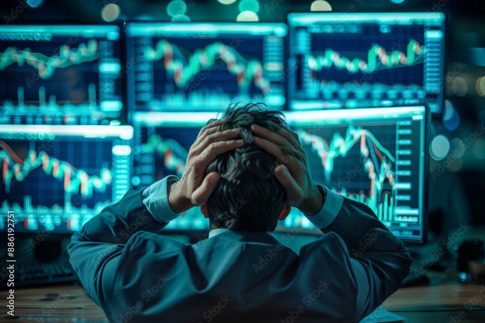 stressed, worried stock trader sitting at a desk in front of multiple computer monitors stressed, worried stock trader sitting at a desk in front of multiple computer monitors