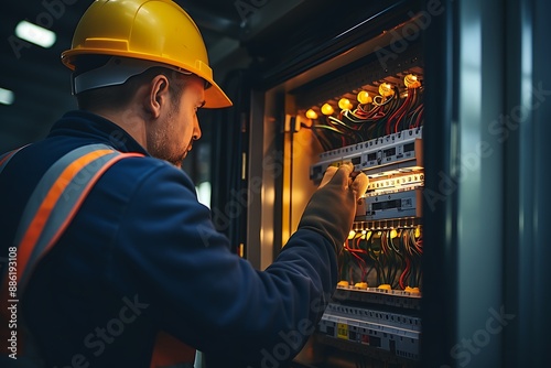 Electrician or technician working in datacenter. Electrical panel with contactors and switches.