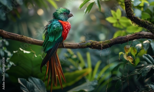 Colorful Resplendent Quetzal Perched on a Branch in Lush Greenery photo