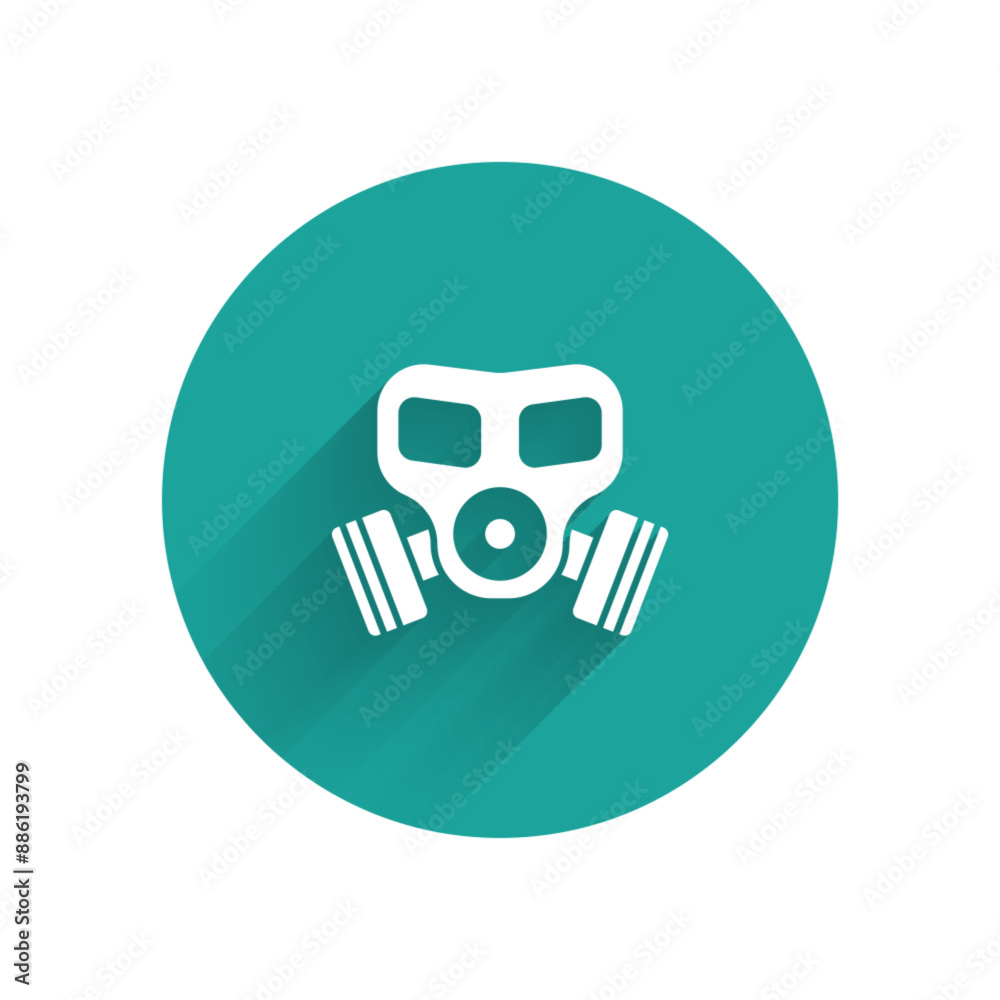 White Gas mask icon isolated with long shadow. Respirator sign. Green circle button. Vector White Gas mask icon isolated with long shadow. Respirator sign. Green circle button. Vector