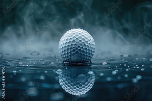 Golf ball floating on water with rainy background photo