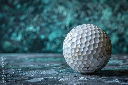 Vintage golf ball on a textured surface with a blurred teal background photo