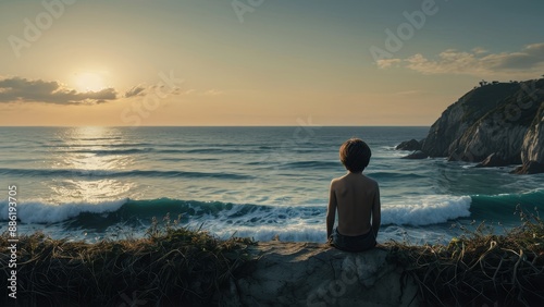 Young boy watching the sunset over the ocean. © BOJOShop