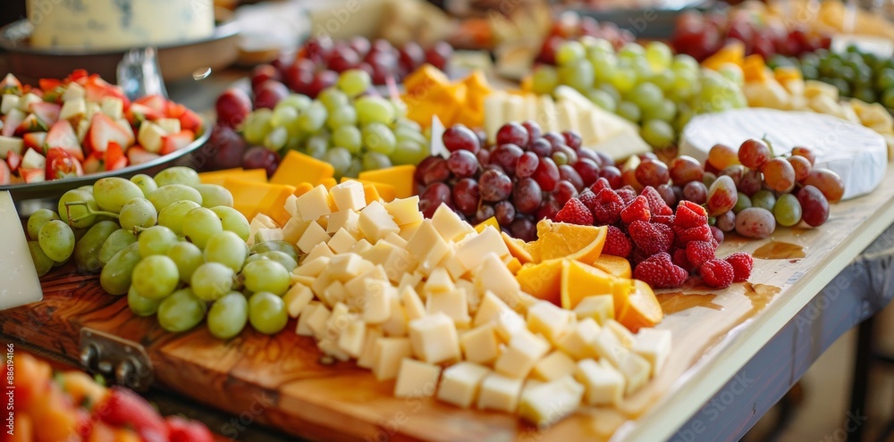 A delectable cheese and fruit platter elegantly arranged on a rustic wooden table, showcasing a delightful assortment of flavors and textures for a gourmet experience. A delectable cheese and fruit platter elegantly arranged on a rustic wooden table, showcasing a delightful assortment of flavors and textures for a gourmet experience.