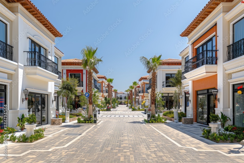 Mediterranean Style Buildings With Palm Trees Line a Pedestrian Street Mediterranean Style Buildings With Palm Trees Line a Pedestrian Street
