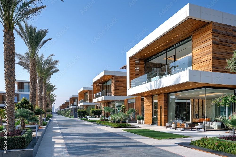 Modern luxury villas with sleek glass and wood exteriors line a sunny street with palm trees Modern luxury villas with sleek glass and wood exteriors line a sunny street with palm trees