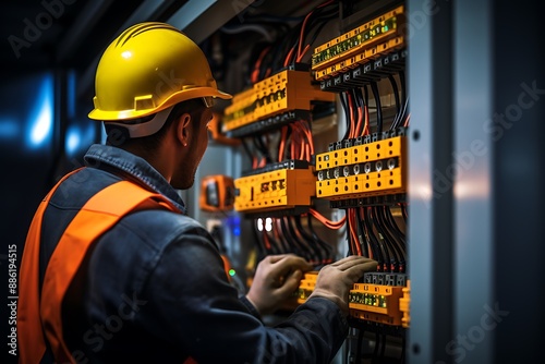 Electrician or technician working in datacenter. Electrical panel with contactors and switches.