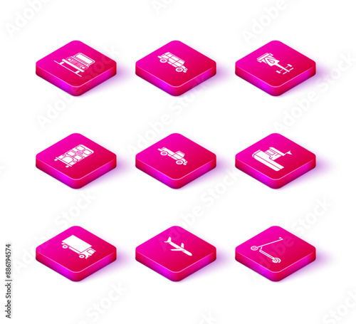 Set Delivery cargo truck vehicle, Plane, Double decker bus, Pickup, Scooter, Fishing boat, Formula race and Off road icon. Vector