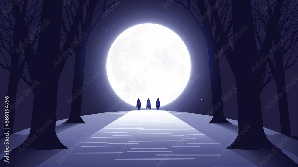 Naklejka premium A captivating ritual circle in a dense forest, with spectral figures performing an arcane ceremony under the light of a full moon, flat design illustration