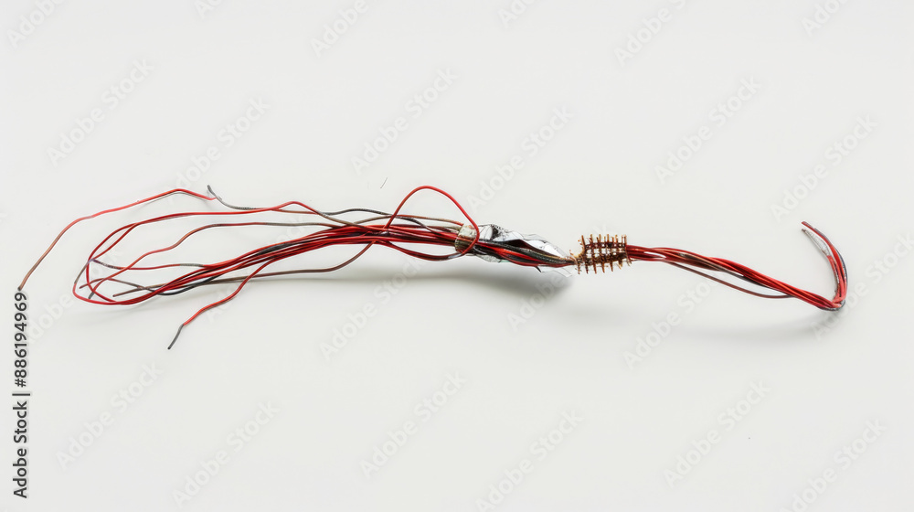 A damaged electrical wire is shown alone on a white backdrop. A damaged electrical wire is shown alone on a white backdrop.