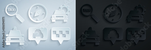 Set Map pointer with taxi, Car service, Taxi car, Compass and Magnifying glass and icon. Vector