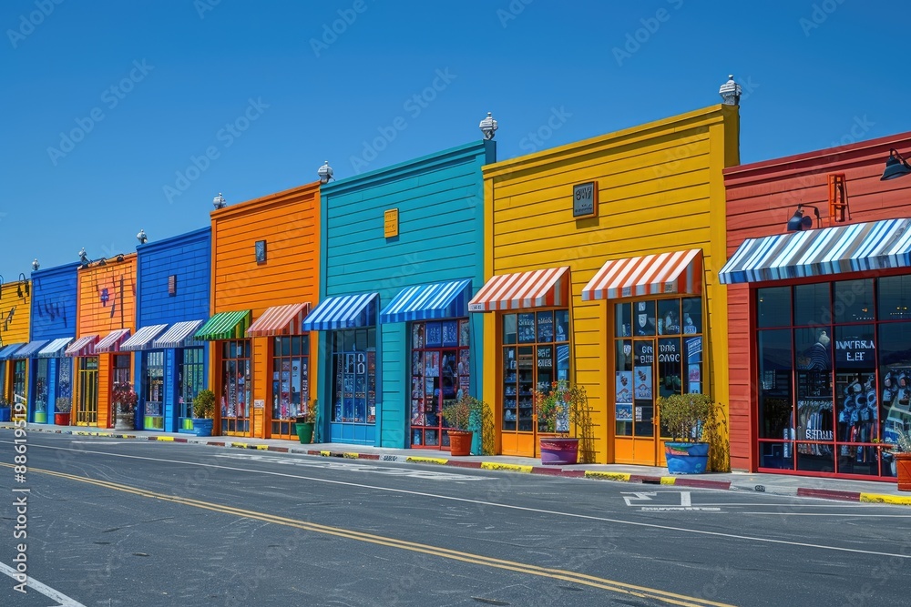 Colorful buildings line a sunny street with blue sky in a small beach town Colorful buildings line a sunny street with blue sky in a small beach town