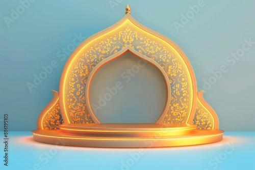 Golden Arch Podium with Intricate Design for Traditional Product Display and Background photo