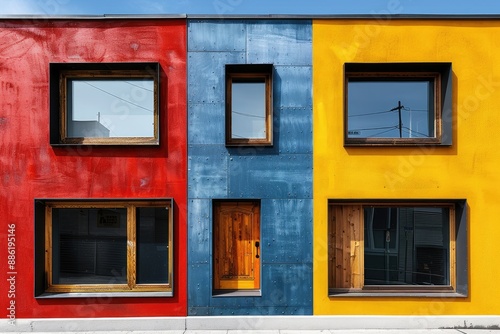 Colorful modern building with geometric shapes and patterns photo