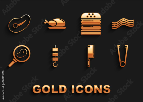 Set Grilled shish kebab on skewer stick, Bacon stripe, Meat tongs, chopper, Steak meat in frying pan, Burger, and Roasted turkey or chicken icon. Vector
