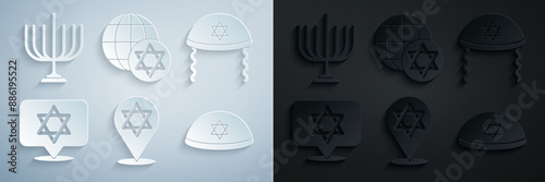Set Star of David, Jewish kippah, World Globe and Israel and Hanukkah menorah icon. Vector