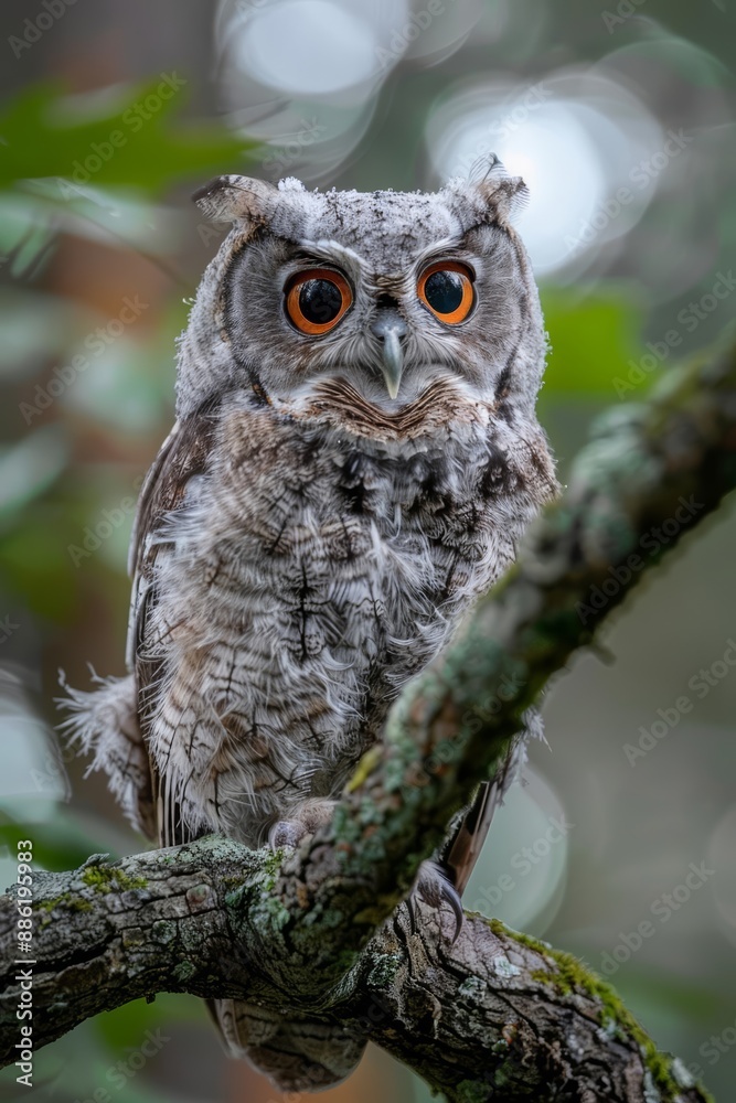 Close-up of a Grey and White Owl with Orange Eyes in Nature Close-up of a Grey and White Owl with Orange Eyes in Nature