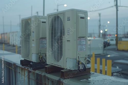 Two air conditioning units on a rooftop with an urban background photo