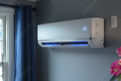 Modern air conditioner mounted on a gray wall next to a window with blue curtains photo