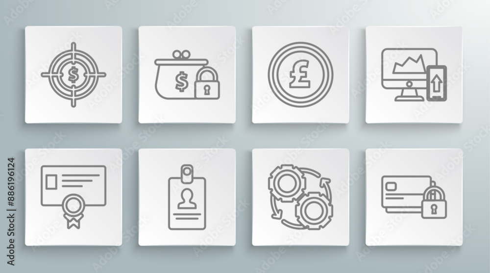 Set line Certificate template, Credit card, Coin money pound sterling symbol, Financial chart graph the computer monitor mobile phone and Target dollar icon. Vector Set line Certificate template, Credit card, Coin money pound sterling symbol, Financial chart graph the computer monitor mobile phone and Target dollar icon. Vector