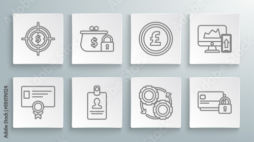 Set line Certificate template, Credit card, Coin money pound sterling symbol, Financial chart graph the computer monitor mobile phone and Target dollar icon. Vector