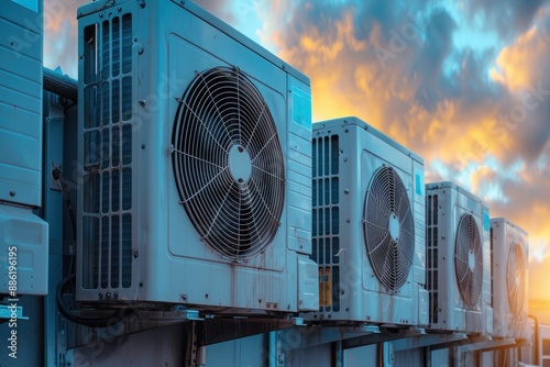 Industrial rooftop air conditioning units against a vibrant sunset sky photo