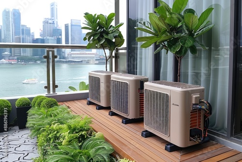 Modern air conditioning units on a balcony with a view of the city photo