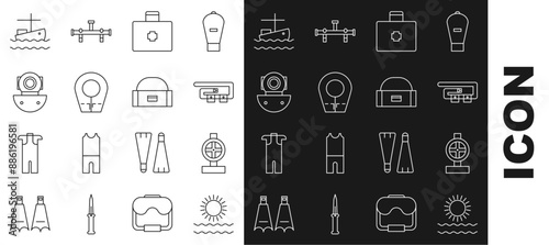 Set line Sun and waves, Industry metallic pipes valve, Diving belt, First aid kit, hood, Aqualung, Fishing boat on water and Case or box container for wobbler icon. Vector
