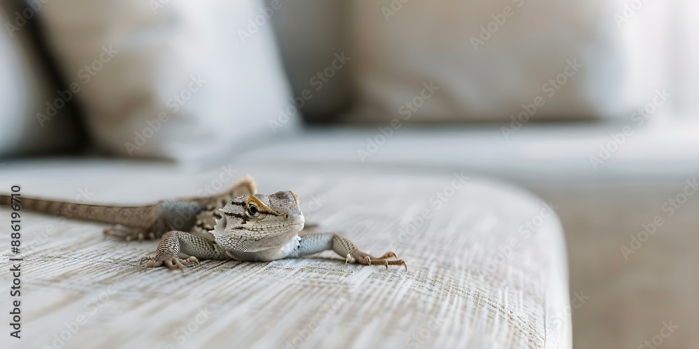 Obraz premium Lizard lounging on a modern apartment's couch. Concept Reptile, Interior Design, Unusual Pets, Home Decor