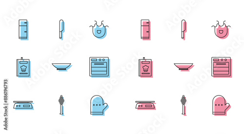 Set line Electronic scales, Honey dipper stick, Refrigerator, Oven glove, Bowl, Cookbook and Knife icon. Vector