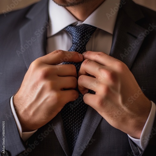 Close-up of a business manager fixing his tie, showcasing professionalism.