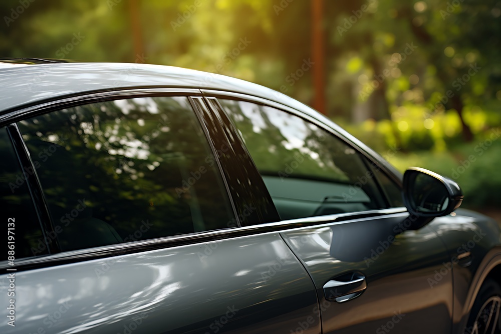 Close-up view of the side of a modern black car parked in the park Close-up view of the side of a modern black car parked in the park