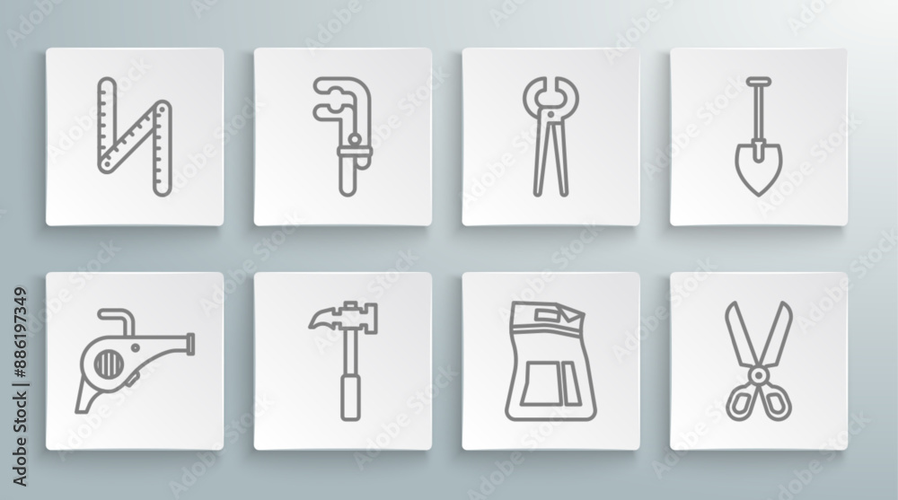 Set line Leaf garden blower, Clamp tool, Claw hammer, Cement bag, Scissors, Pincers and pliers, Shovel and Folding ruler icon. Vector Set line Leaf garden blower, Clamp tool, Claw hammer, Cement bag, Scissors, Pincers and pliers, Shovel and Folding ruler icon. Vector