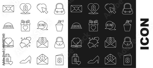 Set line Greeting card with 8 March, Handbag, Perfume, Heart cursor click, Gift box heart, Elegant women hat, Envelope and Speech bubble I love you icon. Vector